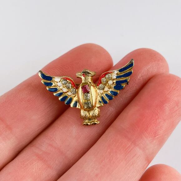Signed Coro WWII Sterling Craft Eagle 1940s Pin Gold Wash Enamel Brooch Vermeil - Picture 3 of 11